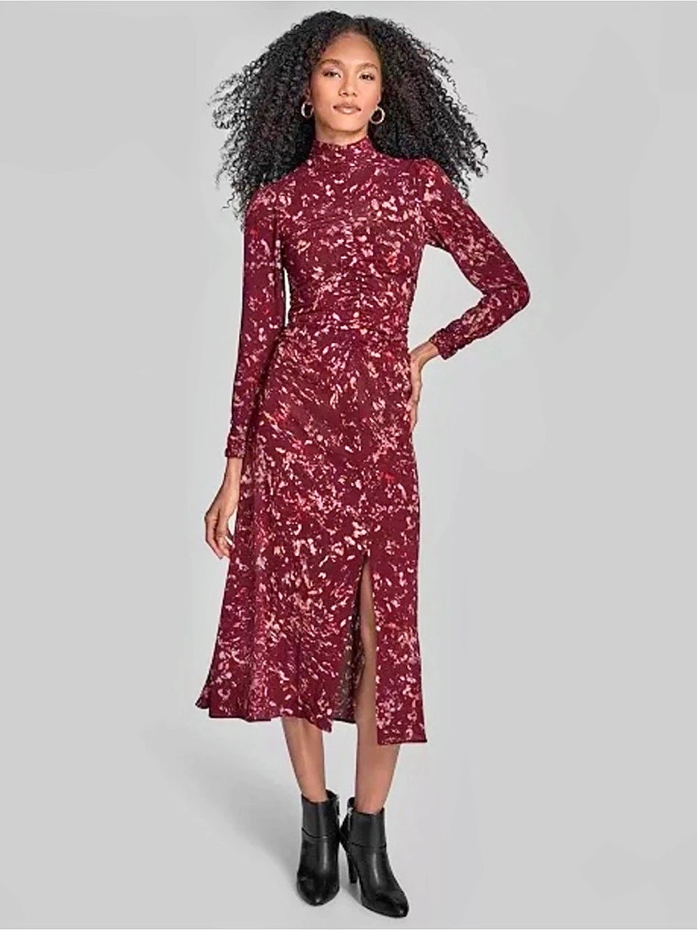 BCBG Women's Printed Mock Neck Maxi/Midi Dress Burgundy Size 6 NWT